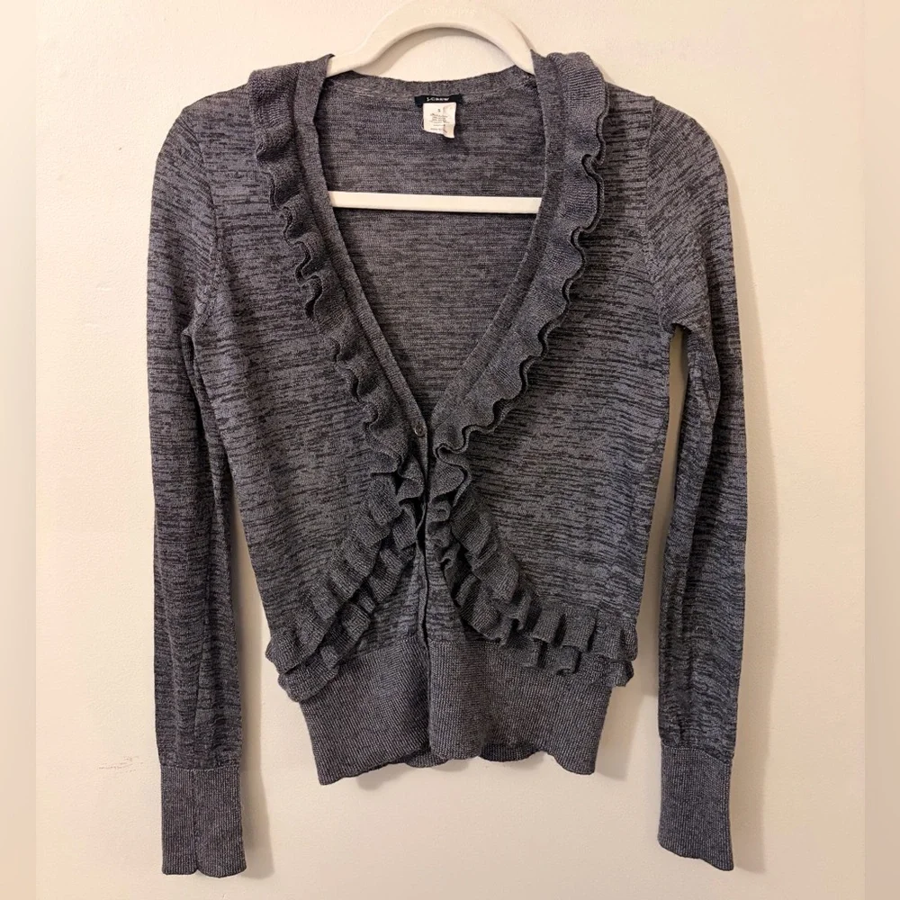 J. Crew Ruffled V-Neck Cardigan Sweater - Gray Heather - Picture 2 of 5